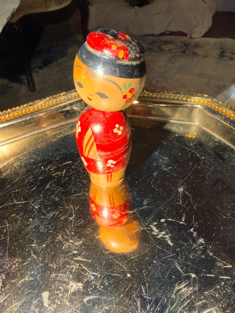 Hand-Painted Nesting Wooden Kokeshi Doll in Red bobble heads